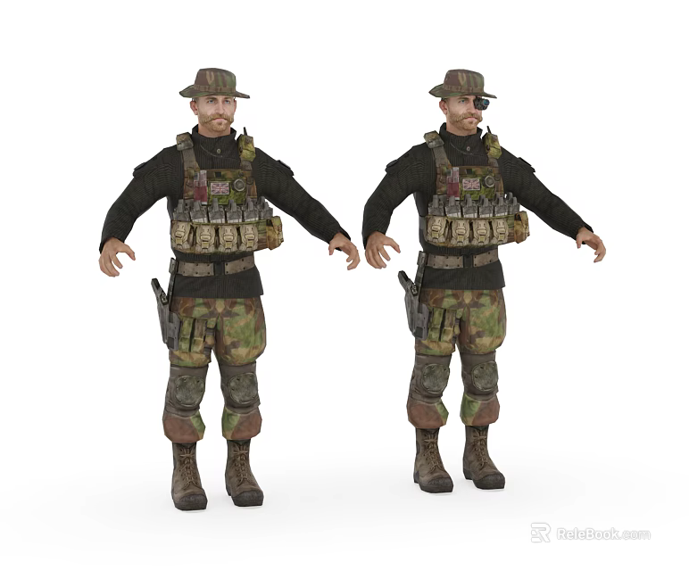 Game Movie Military Characters In Camouflage Uniform With Tactical Gear And Hat 3d model 