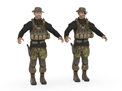 Game Movie Military Characters In Camouflage Uniform With Tactical Gear And Hat 3d model