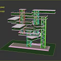 Cartoon Style Building Model With Multi Layered Structure Green Roofs And Black Pillars