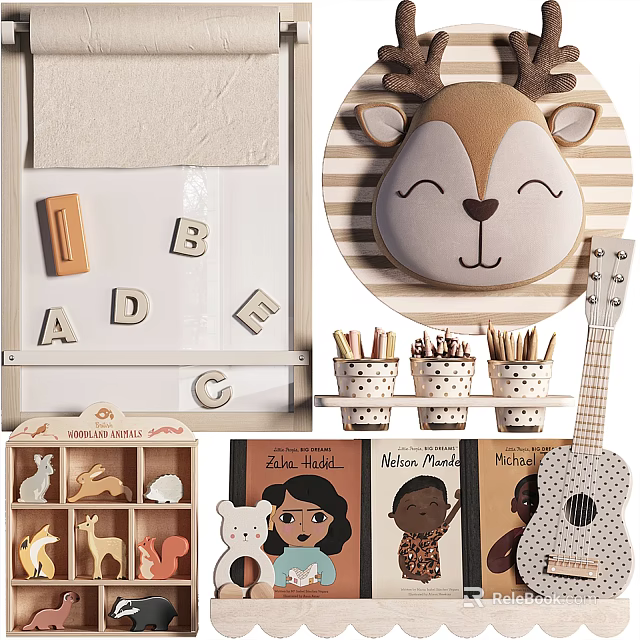 Kids Decor Items With Alphabet Blocks Deer Head Colored Pencils Animal Toys Storybooks And Guitar 3d model 