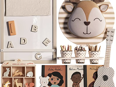 Kids Decor Items With Alphabet Blocks Deer Head Colored Pencils Animal Toys Storybooks And Guitar 3d model