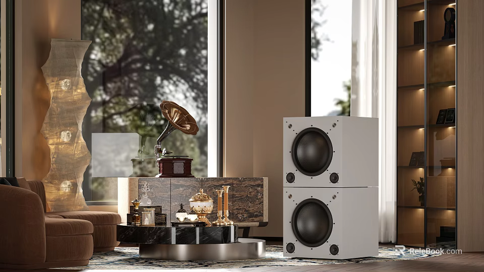 Elegant Living Room with Vintage Gramophone White Speakers Marble Cabinet and Floor to Ceiling Windows 3d model 