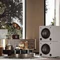 Elegant Living Room with Vintage Gramophone White Speakers Marble Cabinet and Floor to Ceiling Windows