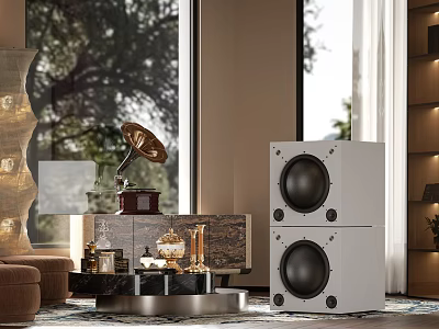 Elegant Living Room with Vintage Gramophone White Speakers Marble Cabinet and Floor to Ceiling Windows 3d model