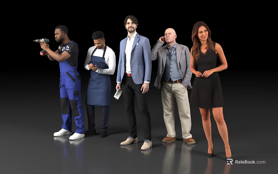 Diverse Group of People With Different Professions and Attires Standing Together 3d model 