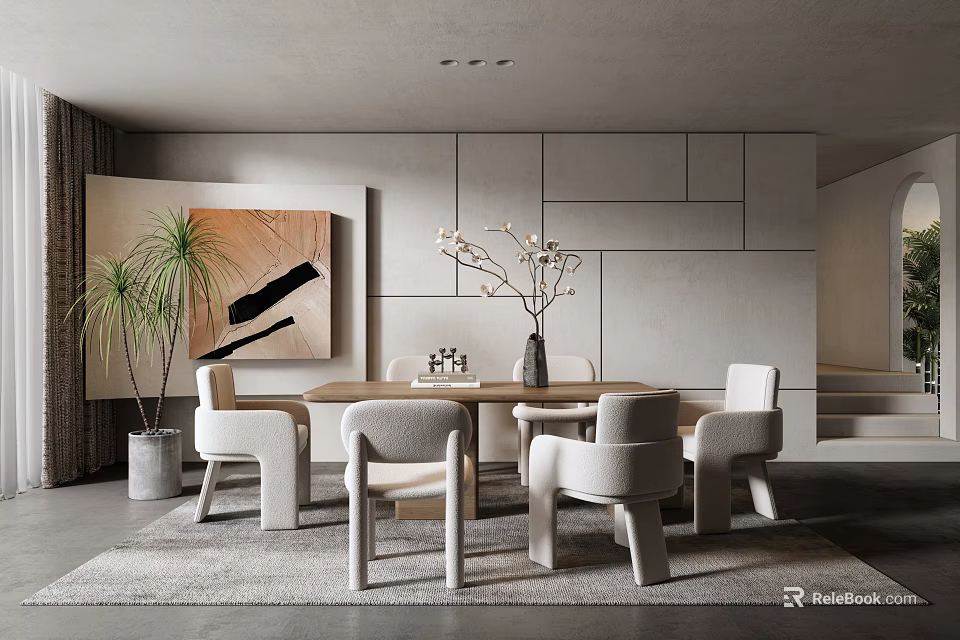 Modern Restaurant Interior Design With Open Dining Table Chairs Artwork And Greenery 3d model