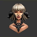 Mythical Character Head Sculpture With Black Ram Horns Blonde Hair Red Lips And Intricate Necklace
