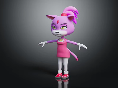 Cute Pink Fox Cartoon Character Wearing Pink Dress White Socks And Red Shoes With Ponytail 3d model