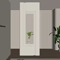 Modern Interior With Lit Decorative Column Green Plants Striped Wall And Wooden Floor