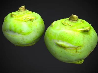 Fresh Green Kohlrabi Vegetables With Natural Skin And Stems On Black Background 3d model