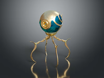 Intricate Fantasy Creature With Spherical Body Golden Legs And Blue Decorative Shiny Surface 3d model