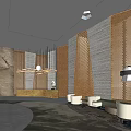 Modern Restaurant Interior With Wooden Structures Hanging Lights Dining Tables Chairs And Buffet Counter