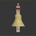 Brass Bell Hanging On Red Accent Wooden Support Structure With Dark Background