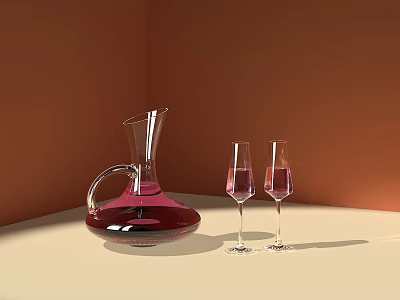 Elegant Red Wine Decanter and Two Wine Glasses on Beige Countertop with Orange Wall 3d model