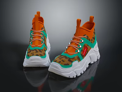 High Top Leopard Print Sneakers With Orange Green Accents And Chunky Sole Laces 3d model