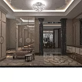 Luxurious Store Entrance With Black Gold Accents Marble Columns Wine Rack Wall Lamps