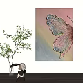Butterfly Themed Canvas Art With Pastel Colors Decorative Green Plant And Small Ornament