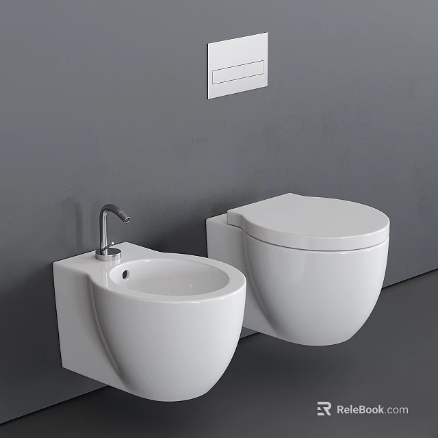 White Wall Mounted Toilet And Sink In Modern Bathroom With Gray Wall 3d model 