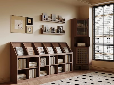 Modern Interior Featuring Wooden Bookcases with Books Decor and Wall Art 3d model