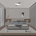 Modern Bedroom Interior Design With Bedside Lamps Wall Painting And Large Windows With White Curtains