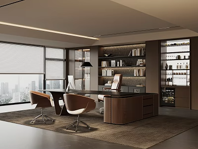 Stylish Modern Executive Office With City View Large Work Desk And Wooden Storage Cabinets 3d model