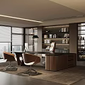 Stylish Modern Executive Office With City View Large Work Desk And Wooden Storage Cabinets
