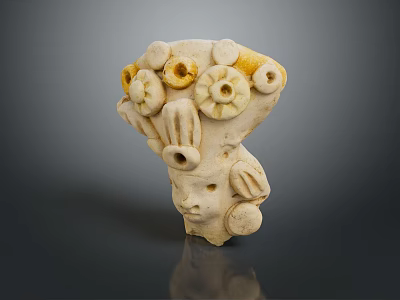 Handcrafted Ceramic Sculpture With Flower Shaped Ornaments Circular Rings And Yellow Accents 3d model