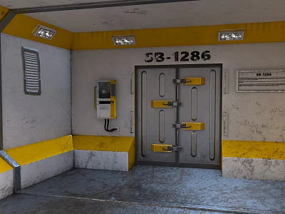 Industrial Metal Security Door With Number 531286 Yellow Latches And Gray Walls 3d model