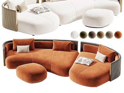 Modern Sectional Sofa With Curved Design White Orange Upholstery Matching Ottomans Multiple Color Options 3d model