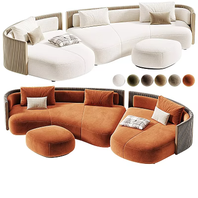 Modern Sectional Sofa With Curved Design White Orange Upholstery Matching Ottomans Multiple Color Options 3d model