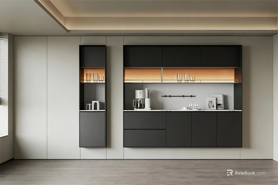 Modern Black And White Sideboard With Cabinets Drawers Open Shelves And LED Lighting 3d model 
