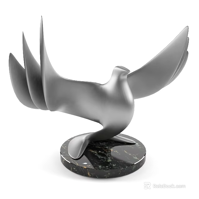 Silver Bird Shaped Decorative Ornament Set with Black Marble Base for Home Decoration 3d model 