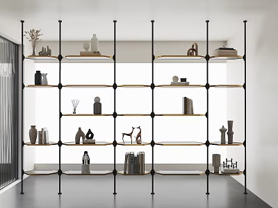 Modern Minimalist Shelving Unit With Black Metal Frame Wooden Shelves And Decorative Vases Figurines Books 3d model