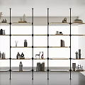 Modern Minimalist Shelving Unit With Black Metal Frame Wooden Shelves And Decorative Vases Figurines Books