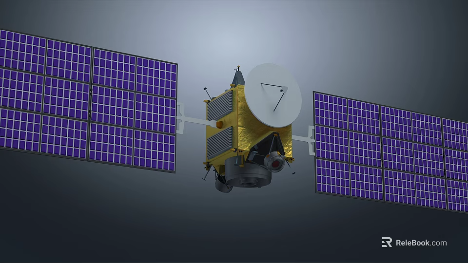 Satellite With Large Solar Panels And Communication Dish In Space 3d model
