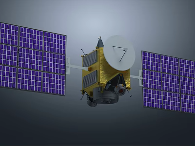 Satellite With Large Solar Panels And Communication Dish In Space 3d model