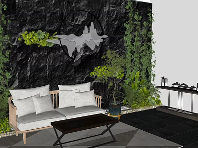 Two Seater Sofa In Modern Interior With Black Rock Wall Green Plants And Coffee Table 3d model