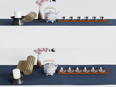 Traditional Tea Set With Teapot Cups Tray Scroll Candle And Vase On Blue Tablecloth 3d model