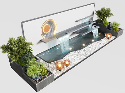 Modern Water Fountain with Flowing Water Green Plants Copper Lanterns and White Pebbles 3d model
