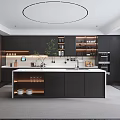 Modern Kitchen Interior With Dark Cabinets Marble Island Circular Light Wooden Panels And Green Plant