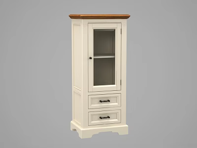Classic White Display Cabinet With Glass Door Wooden Top And Two Drawers 3d model