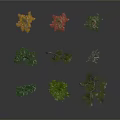Various Types of Trees with Green and Red Leaves in Different Shapes on Grey Background