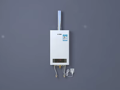White Wall Mounted Water Heater Installed On Grey Wall With Display Screen And Connection Lines 3d model