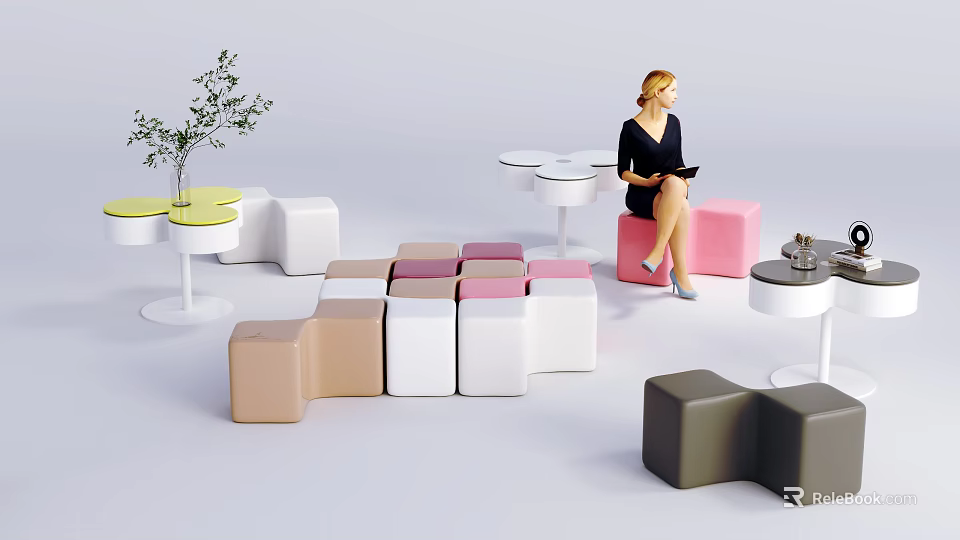 Public Chairs In Various Colors And Different Shapes With Small Tables And Green Plants 3d model 