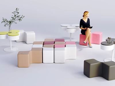 Public Chairs In Various Colors And Different Shapes With Small Tables And Green Plants 3d model