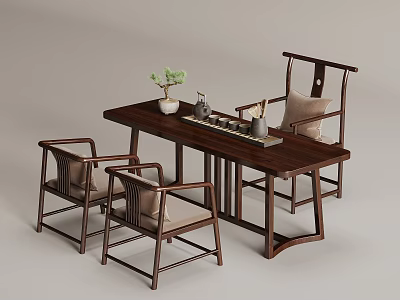 Traditional Chinese Wooden Tea Table With Armchairs Tea Sets And Decorative Plants 3d model