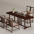 Traditional Chinese Wooden Tea Table With Armchairs Tea Sets And Decorative Plants