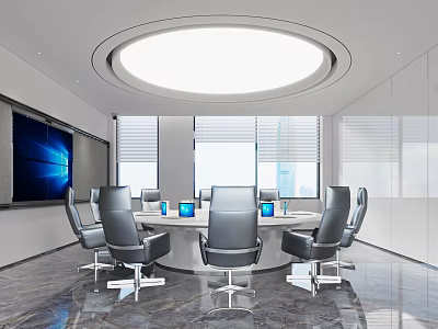 Modern Conference Room With Round Table Gray Leather Chairs Large Screen Windows And Circular Light 3d model