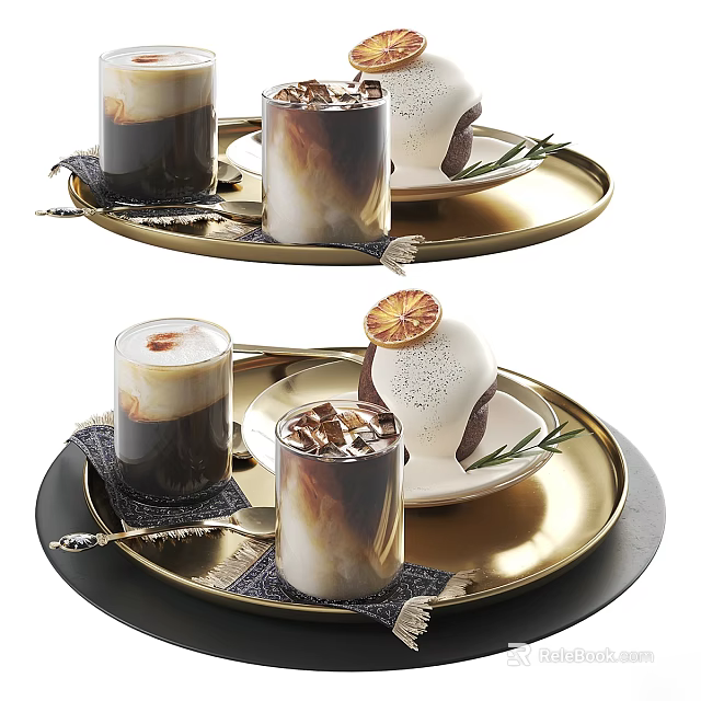 Elegant Tea Set With Golden Tray Cups Rosemary And Orange Slice Decor 3d model 