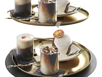 Elegant Tea Set With Golden Tray Cups Rosemary And Orange Slice Decor 3d model